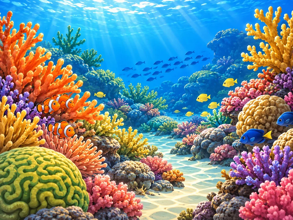 Bright branching and rounded corals fill a clear blue underwater reef with small fish in the surrounding water.