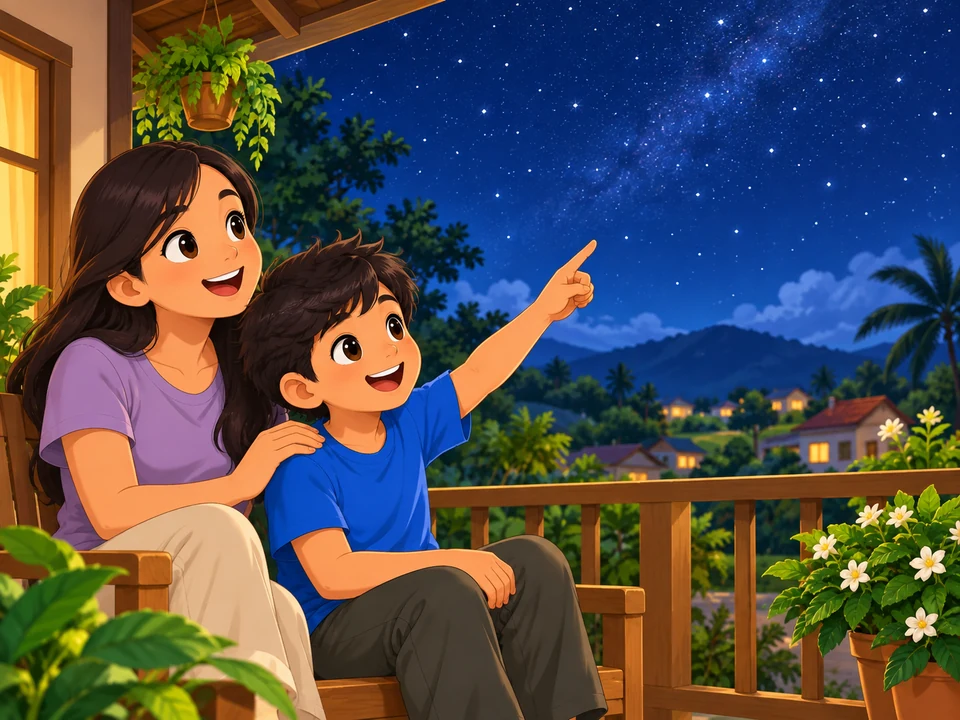 A Filipino child and parent look at distant star points from a safe home veranda.