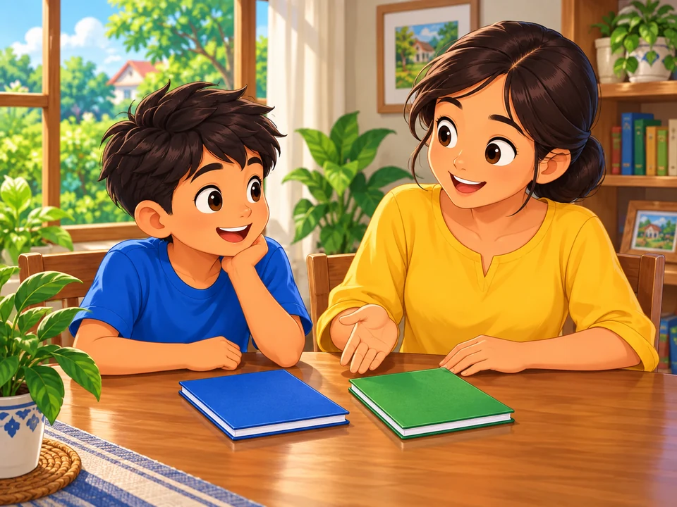 A Filipino child and adult calmly discuss two closed plain notebooks at a home table.