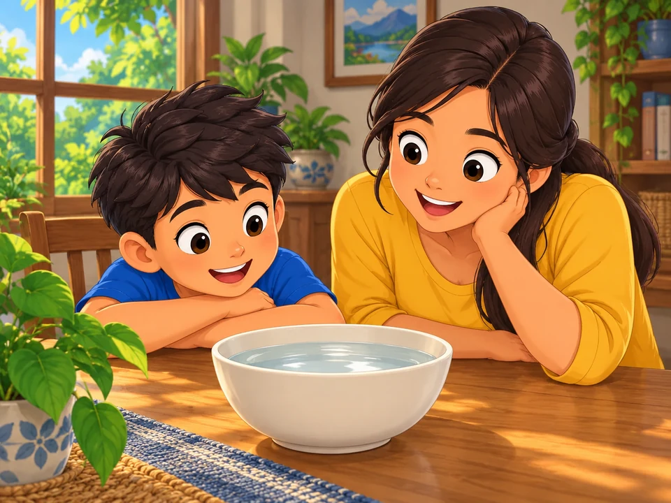 A Filipino child and adult observe an open bowl of water on a shaded indoor table.