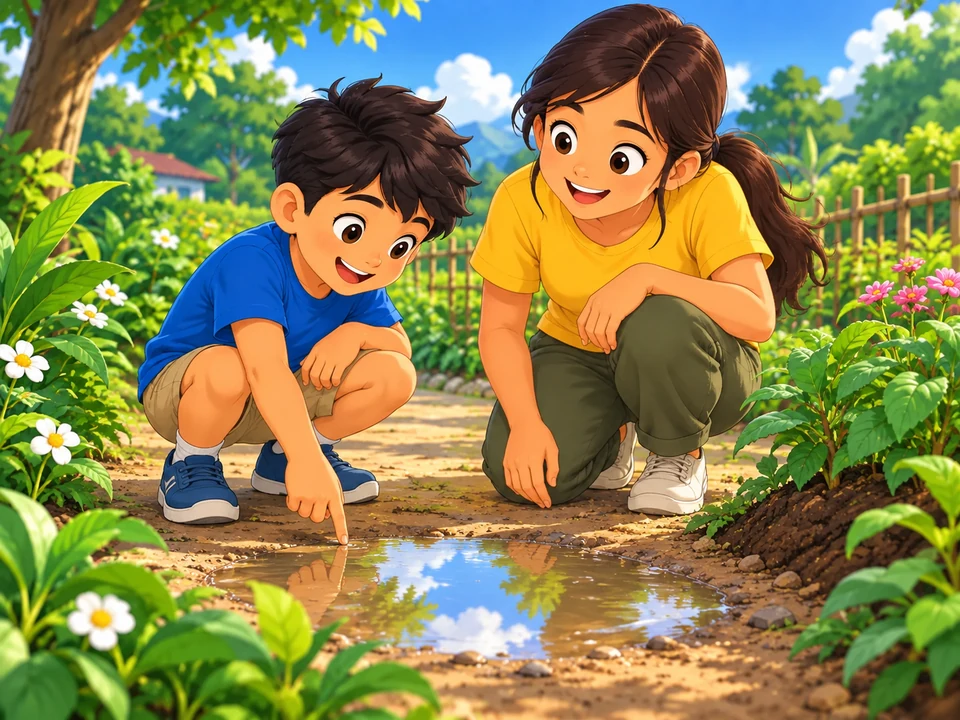 A Filipino child and adult examine one rain puddle beside a garden path and plants.