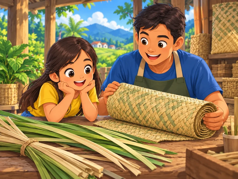 A Filipino child and craftsperson look at a rolled woven mat and unprepared plain plant strips on a workshop table. No sleeping person, grain-drying use, social ceremony, particular symbolic motifs, words or labels.
