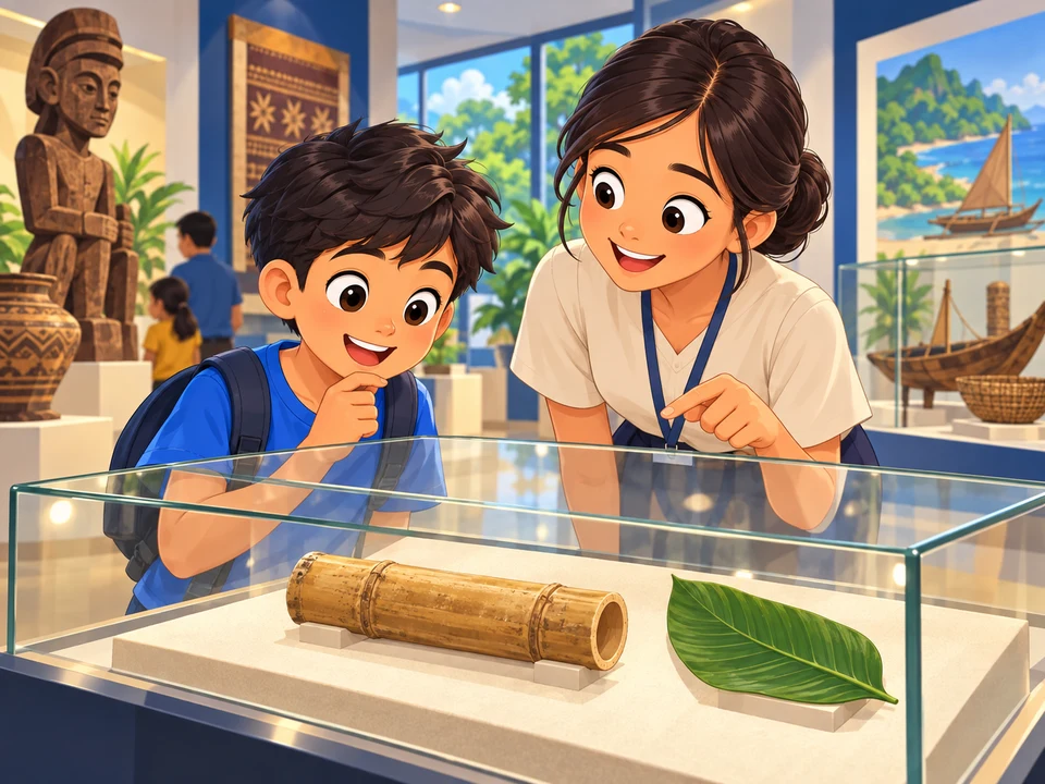 A Filipino child and museum educator look at a plain bamboo segment displayed beside a plain leaf in a bright gallery. Keep marks out of view, no invented Baybayin glyphs or translations, readable museum labels, letters or text.