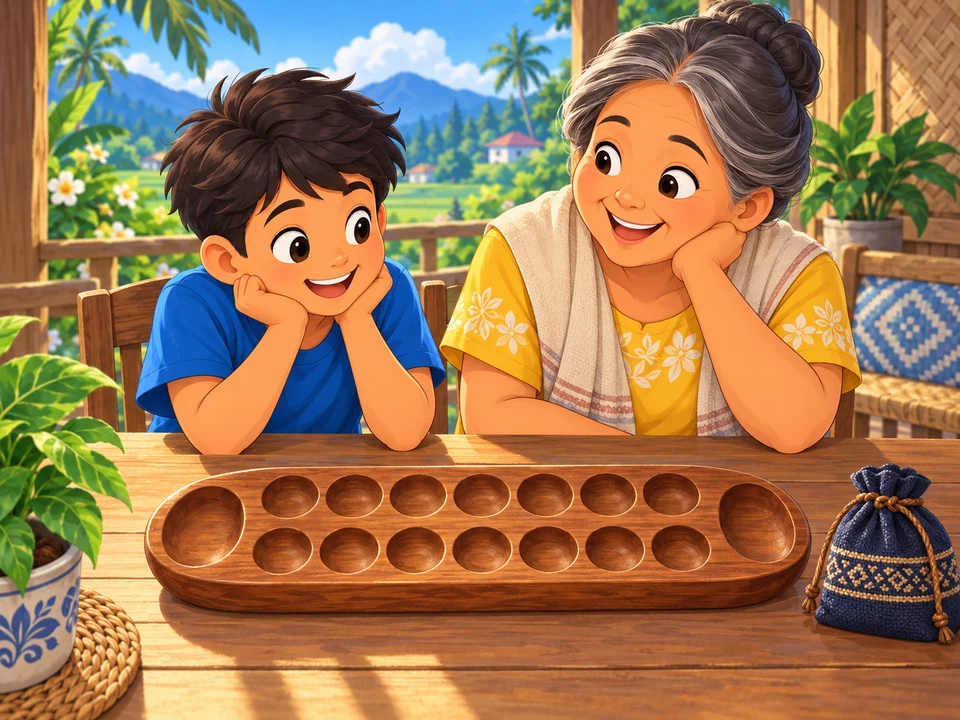 A Filipino child and grandmother sit beside a plain wooden sungka board before beginning to play. Empty pits and closed counter pouch, no game move, explanation of rules, counting diagram, words or numbers.