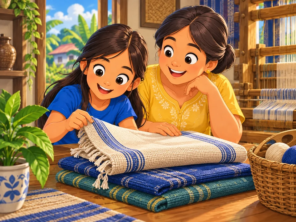 A Filipino child and older relative look at folded plain woven cloth on a home table, with a simple loom in the background. No labeled heirloom, gift transfer, memories montage, particular sacred motifs, words or text.