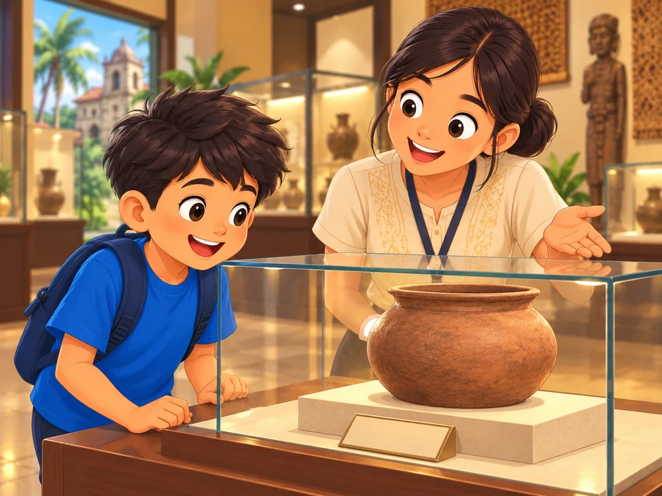 Bata at gabay sa museo sa tabi ng palayok na nasa likod ng salamin.