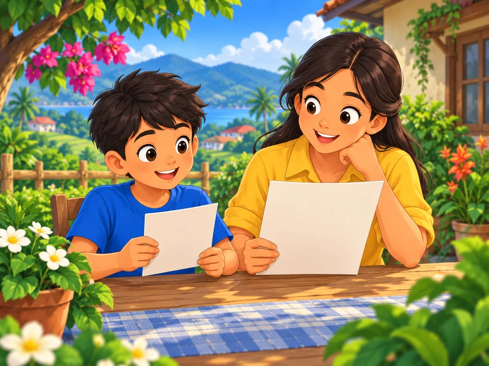 Bata at nakatatanda na may hawak na magkaibang laki ng blangkong papel sa tabi ng hardin.