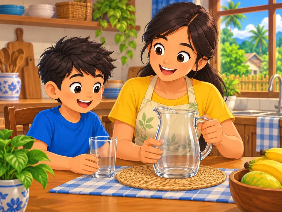 Bata at nakatatanda sa mesa na may walang lamang pitsel at baso.
