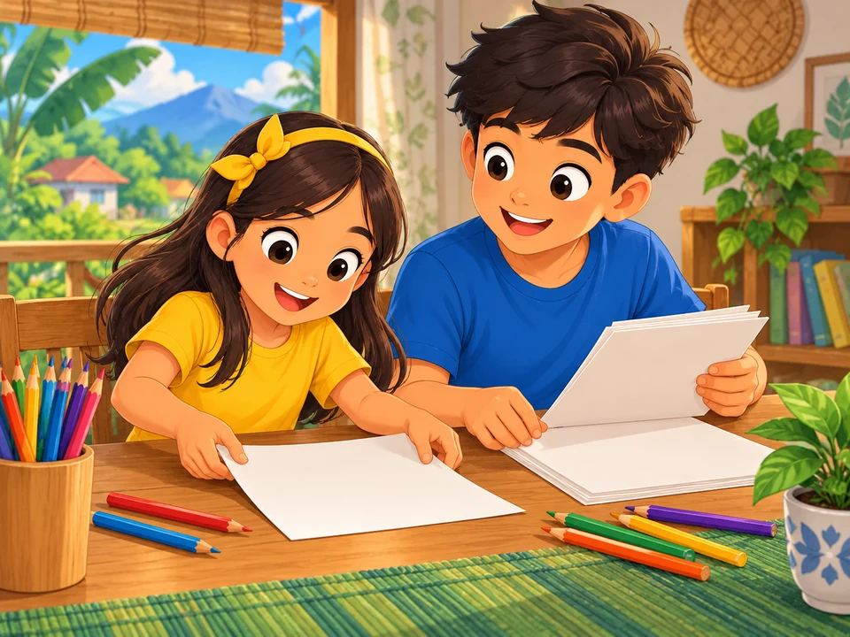 Bata at nakatatandang kapatid na naghahanda ng papel at lapis na pangkulay.
