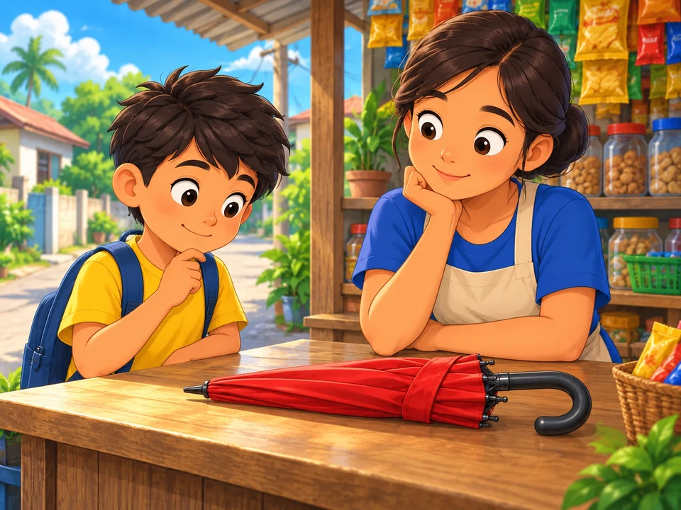Bata at nakatatanda na tumitingin sa saradong pulang payong sa tindahan.