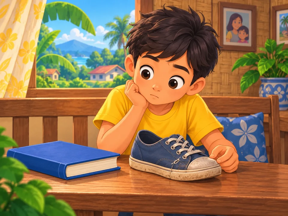 Batang tumitingin sa lumang sapatos sa tabi ng saradong aklat.