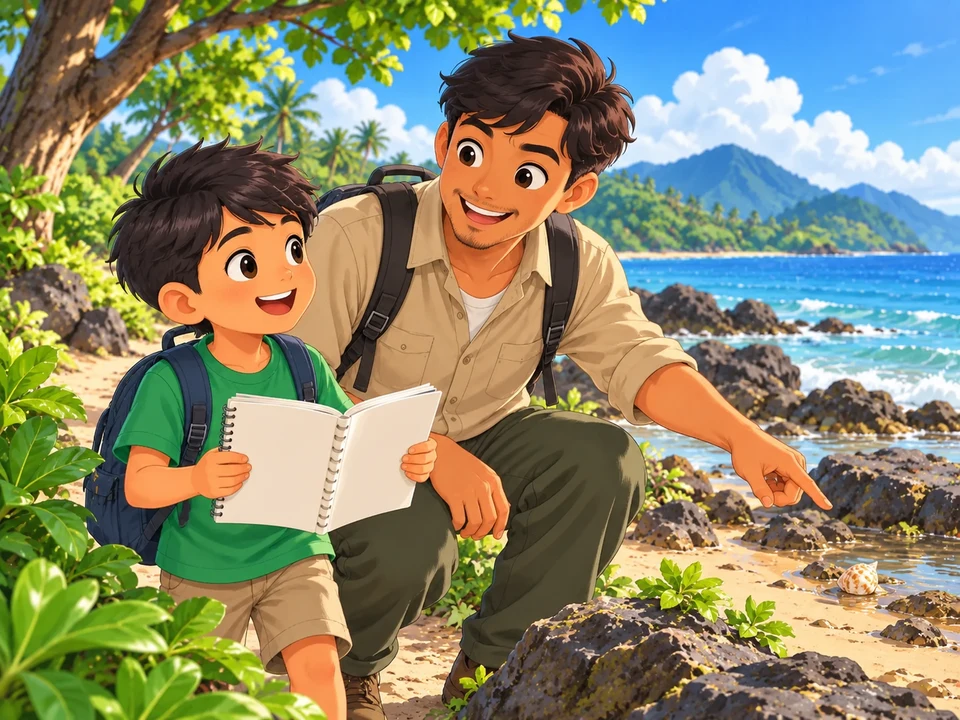 A Filipino boy in a green shirt holds an open blank notebook beside an adult guide on a dry shore path; a small shell is distant with no visible crab.