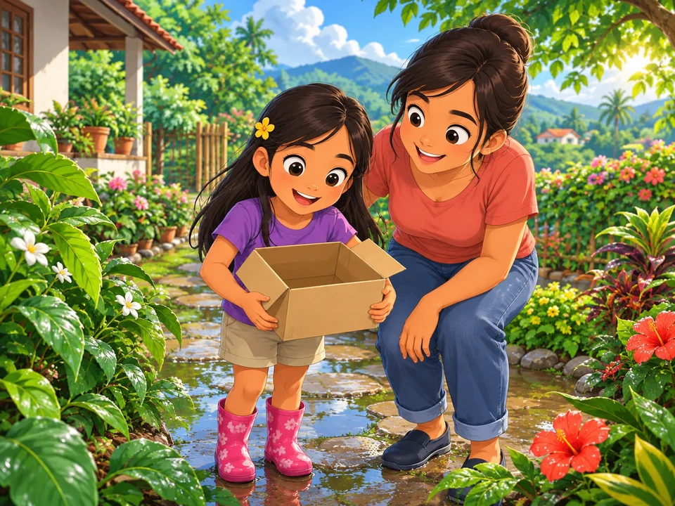 A Filipino girl and her mother beside a damp garden path, with a small open empty cardboard box; no worm or relocation.