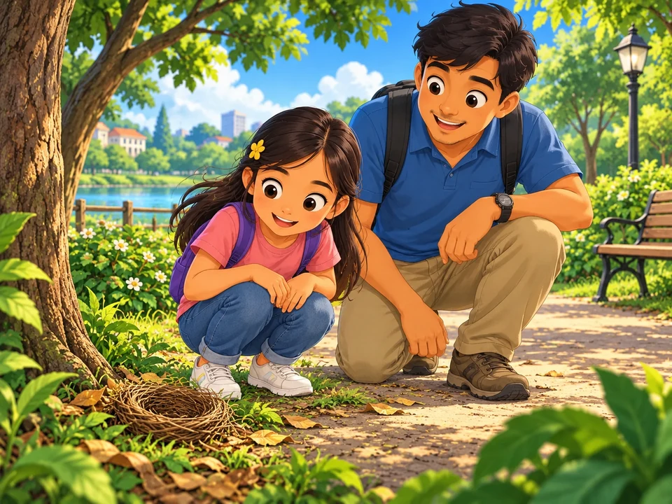 A Filipino girl and father stand on a tree-lined path with a small fallen empty twig nest nearby; no birds, repair or drawing.