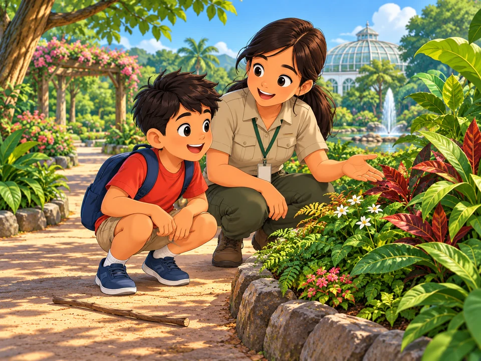 A Filipino boy and woman guide beside a botanical garden plant bed, with a plain stick on the path; no trapped insect or feeding scene.