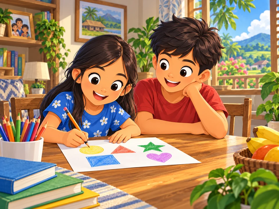 A Filipino girl and her brother at a table with a fresh drawing sheet and pencil; no magnet, clip movement, hole or ending.