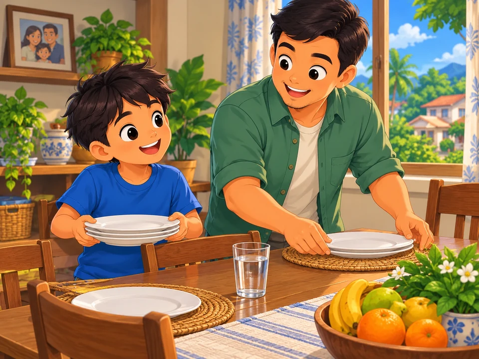 A Filipino boy and father at a dining table with a glass of clear water; no spoon, apparent bend or comparison.