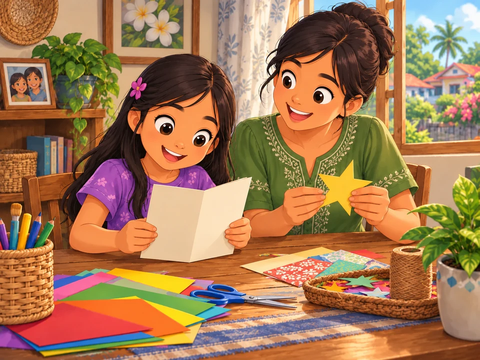 A Filipino girl and her aunt at a craft desk with an undecorated card and loose paper star; no balloon or attraction.