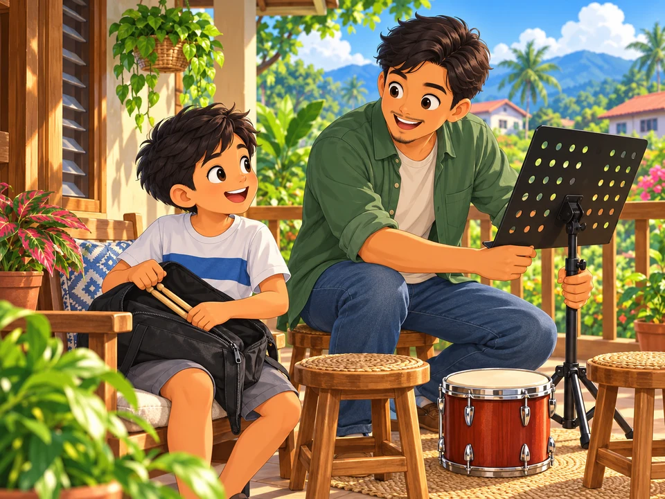 A Filipino boy and his uncle prepare to rehearse on a porch, a drum rests untouched beside their stools; no grip or playing.