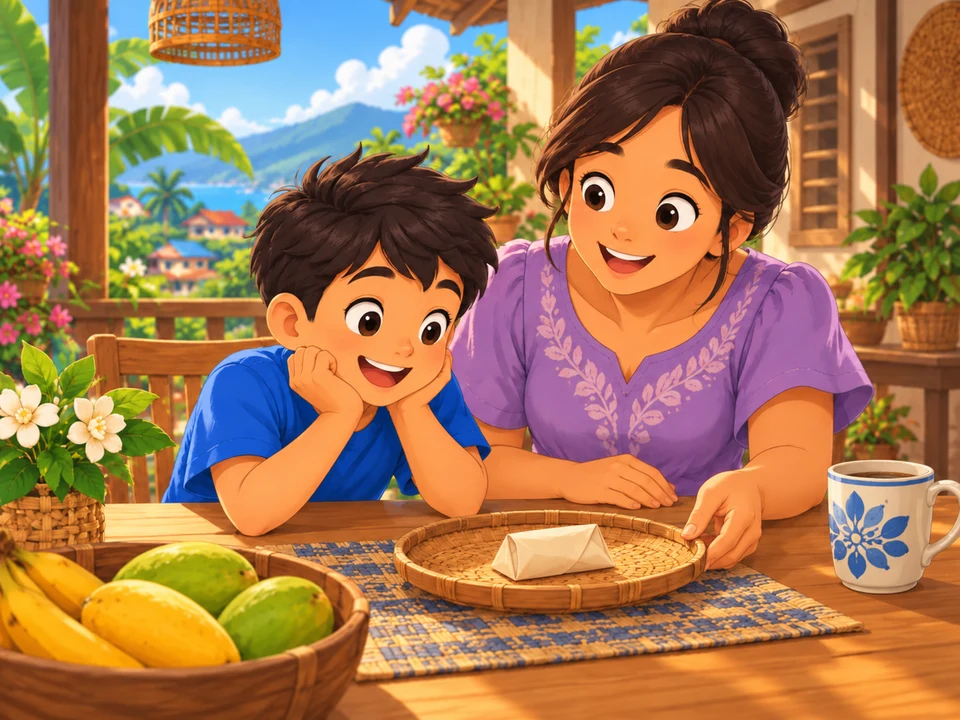 A Filipino boy and aunt at a snack table with a wrapped sweet and a tray; the wrapper is folded so no cutout pattern is revealed.