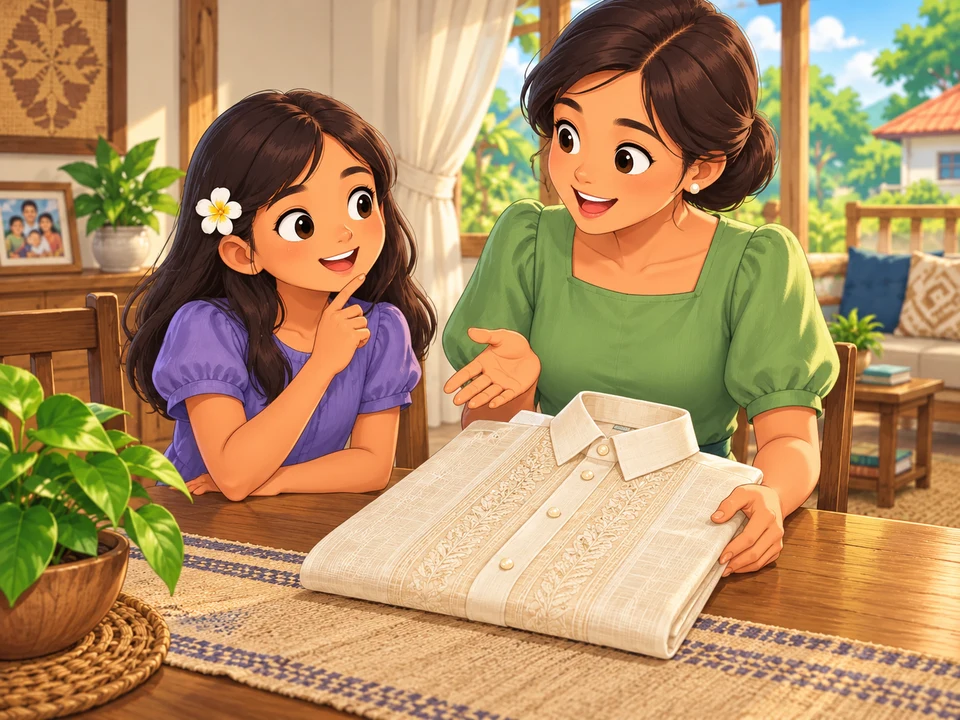 A Filipino girl and aunt standing beside a neatly folded piña shirt on a home table; no pineapple, loose fiber or sniffing.