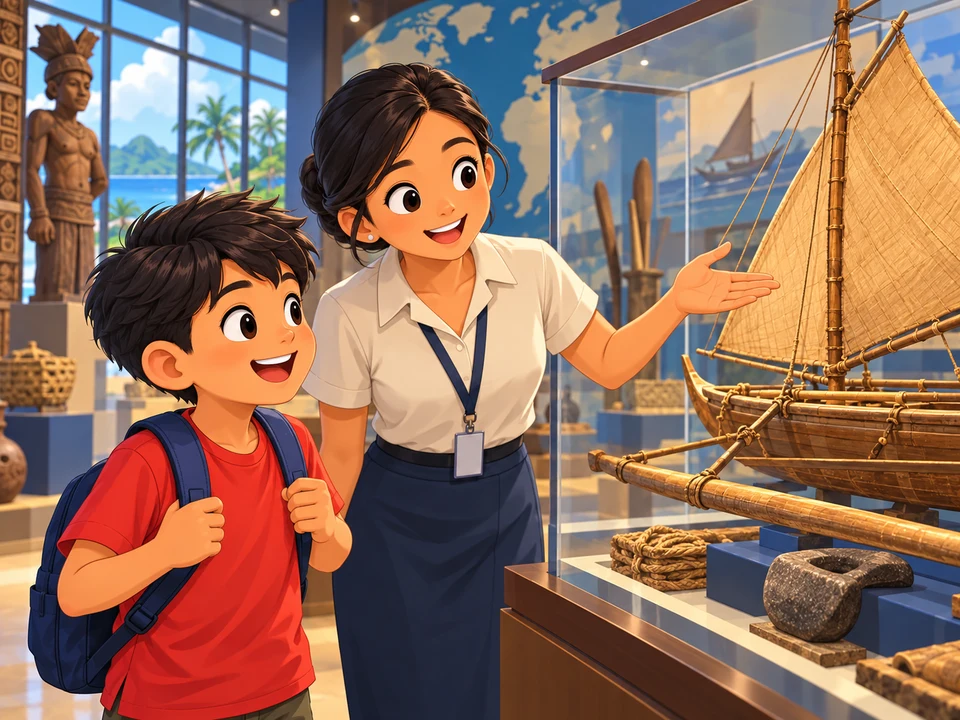 A Filipino boy and museum guide by an introductory maritime display with a small boat silhouette behind glass; no working hands or completed sketch.