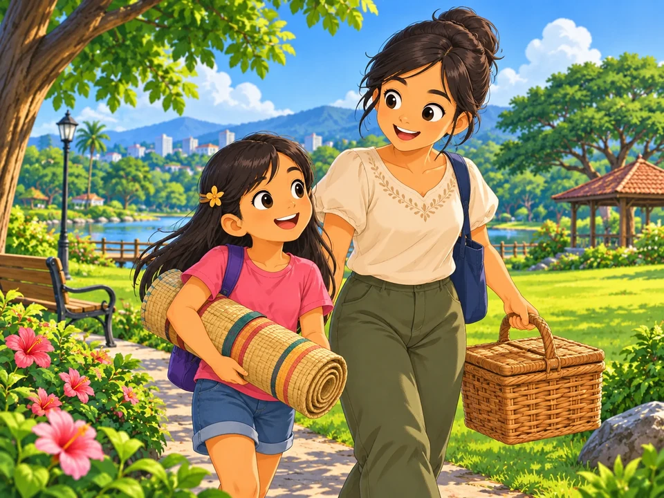 A Filipino girl and her aunt arriving at a grassy park with a rolled woven mat and closed picnic basket; no spread mat or family meal.