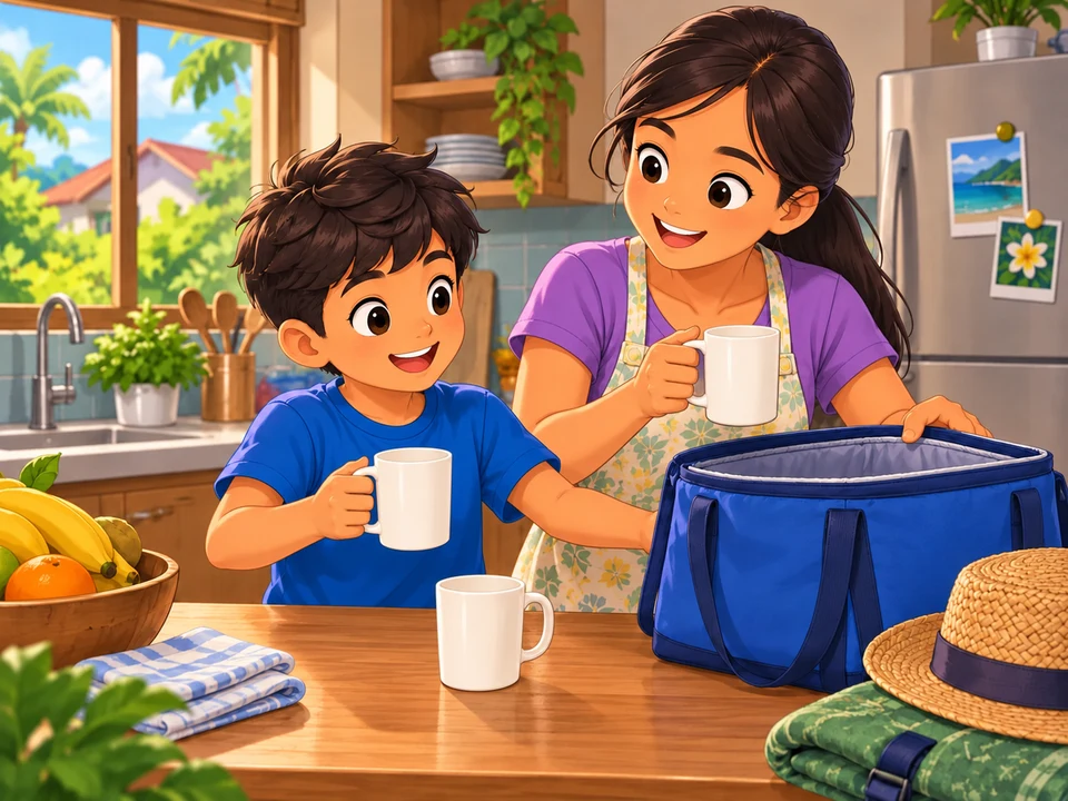 A Filipino boy and his mother packing plain cups for an outing on a kitchen counter; no name mark, thread or picnic result.