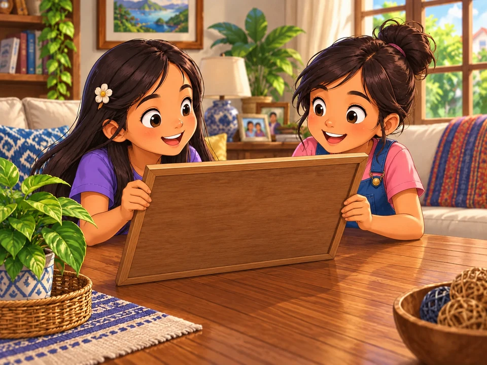 Two Filipino girl cousins near a puzzle board with its image facing away; no visible missing pieces or finishing action.