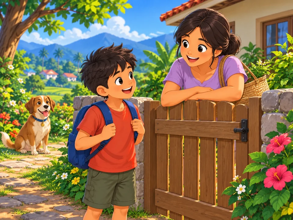 A Filipino boy and aunt beside a garden gate with a dog sitting some distance away; no scraping marks or repaired hinge.