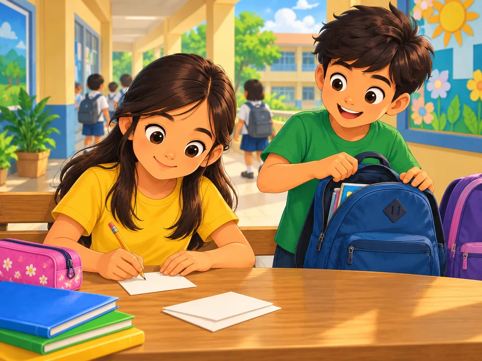 A Filipino girl and her brother prepare school bags beside a blank reminder card.