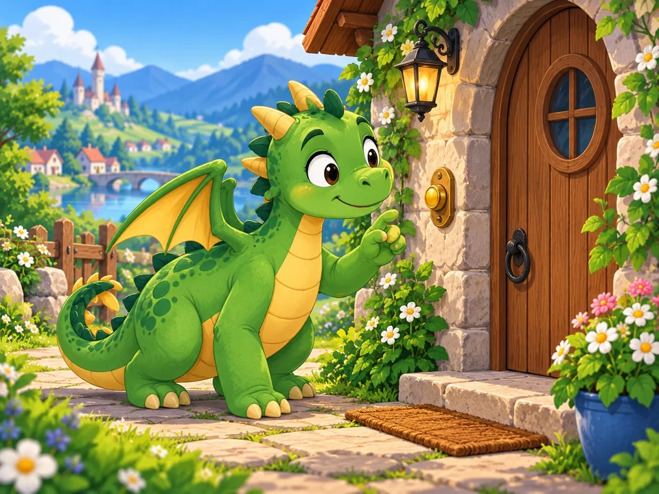 A friendly green dragon approaches a small cottage with a tiny brass doorbell.