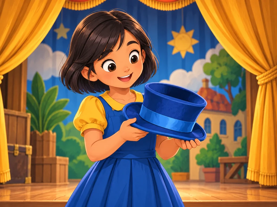 A Filipino girl holds a blue stage hat beside an open theatre curtain.
