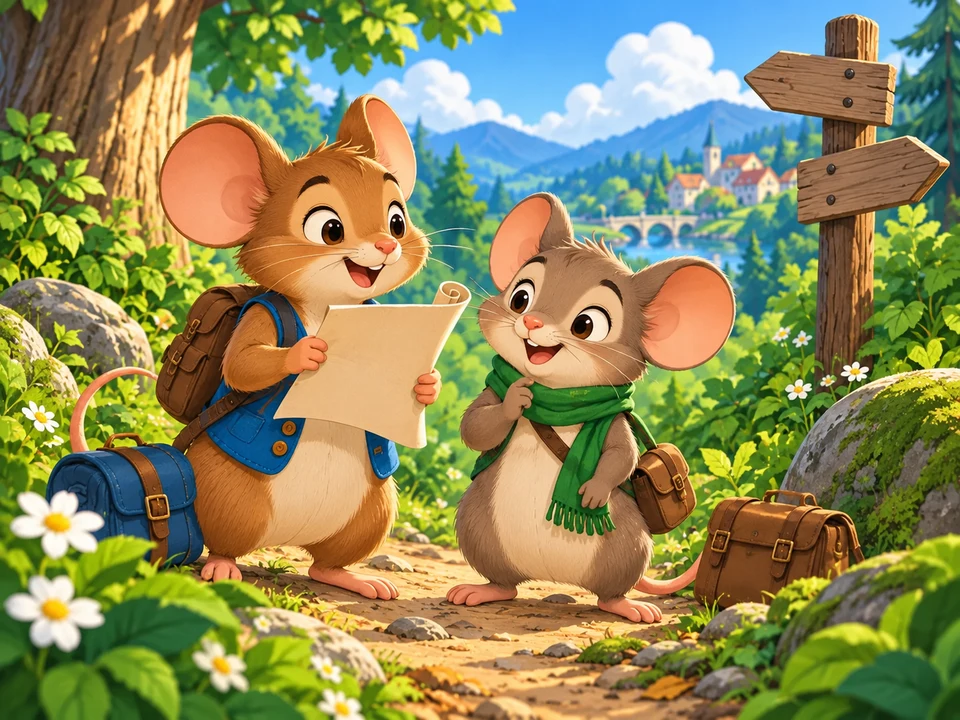 Two friendly storybook mice look at a rolled travel map beside their small bags.