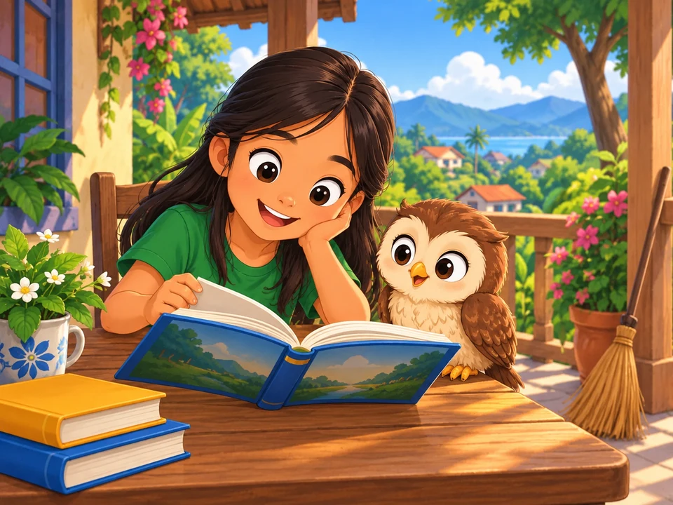 A Filipino girl reads a storybook beside a friendly owl, with a broom resting nearby.