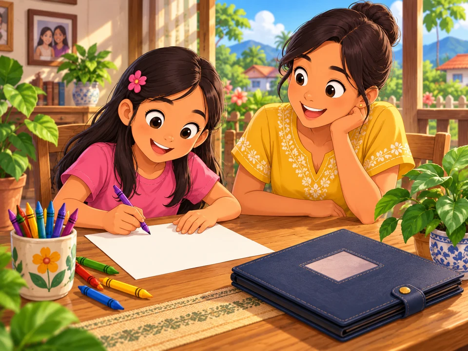 A Filipino girl and her aunt at a table with crayons, potted garden plants and a closed photo folder; no seagrass illustration or aquatic result.