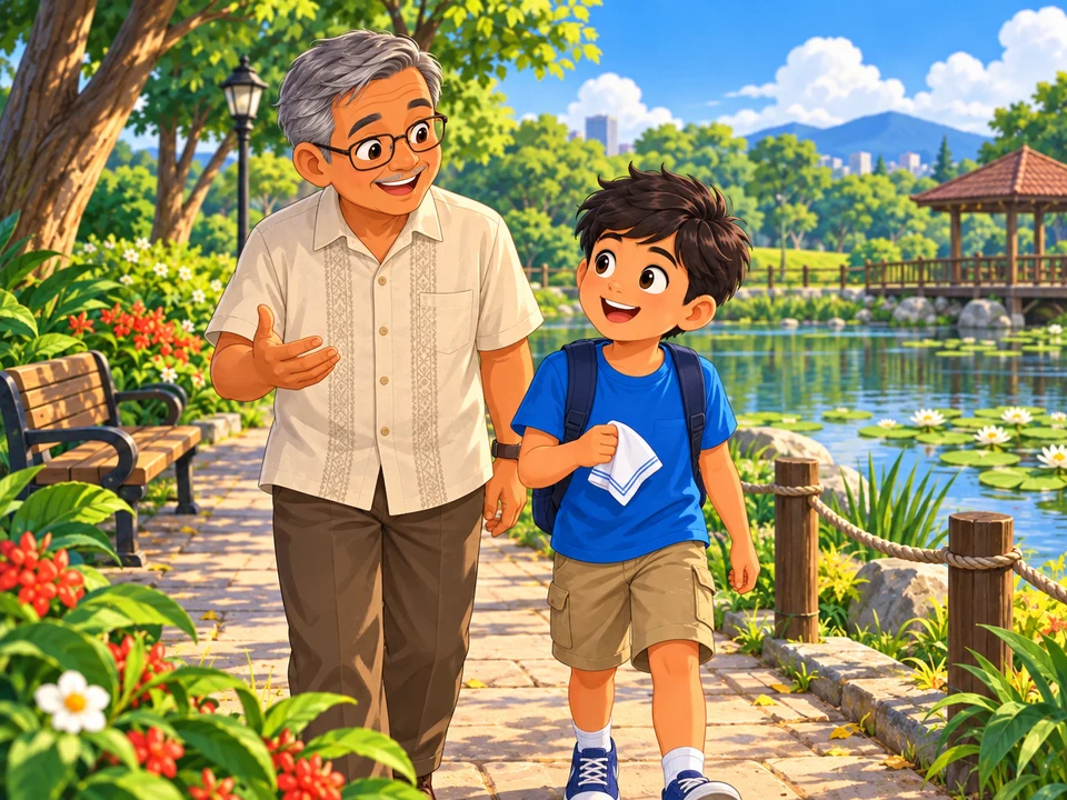 A Filipino boy and his grandfather on a dry park walkway near a pond, with a handkerchief folded in the boy’s hand; no dragonfly, casing or rescue.