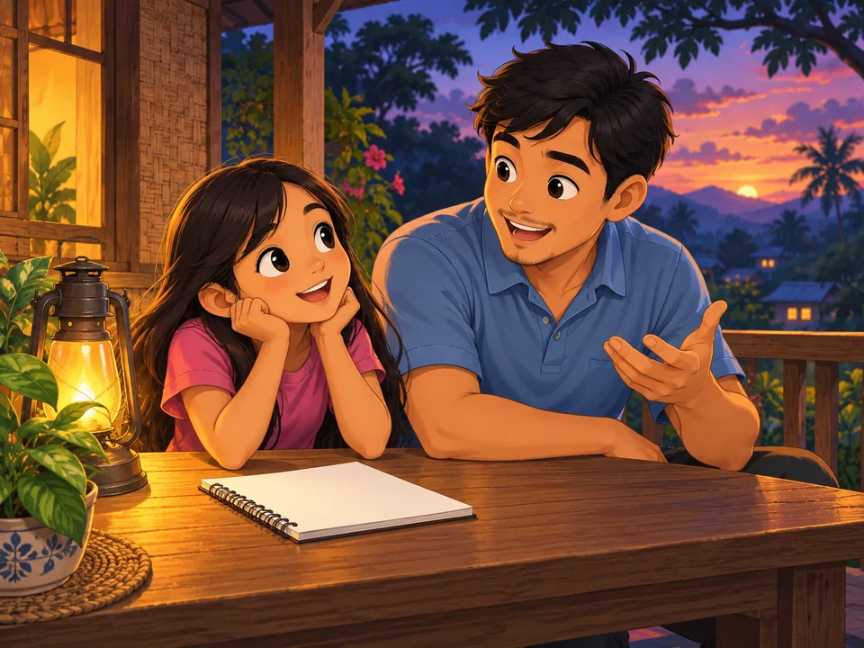 A Filipino girl with a notebook beside her father on a veranda at dusk, tree silhouettes beyond; no bats, sound diagrams or written words.