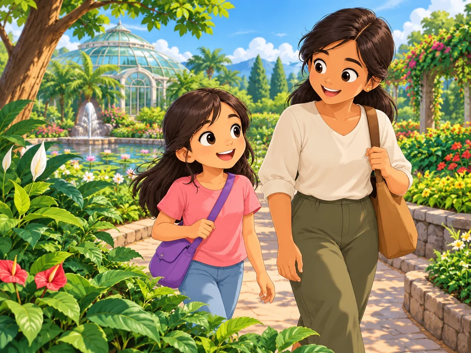 A Filipino girl with a shoulder bag and mother on a botanical garden path beside low leafy plants; no touching or folded mimosa leaves.