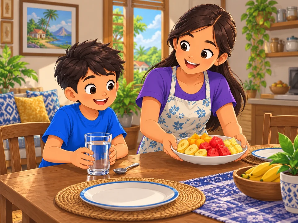 A Filipino boy and mother setting a snack table with a glass of plain water and spoon resting beside it; no ice cube or pushing.
