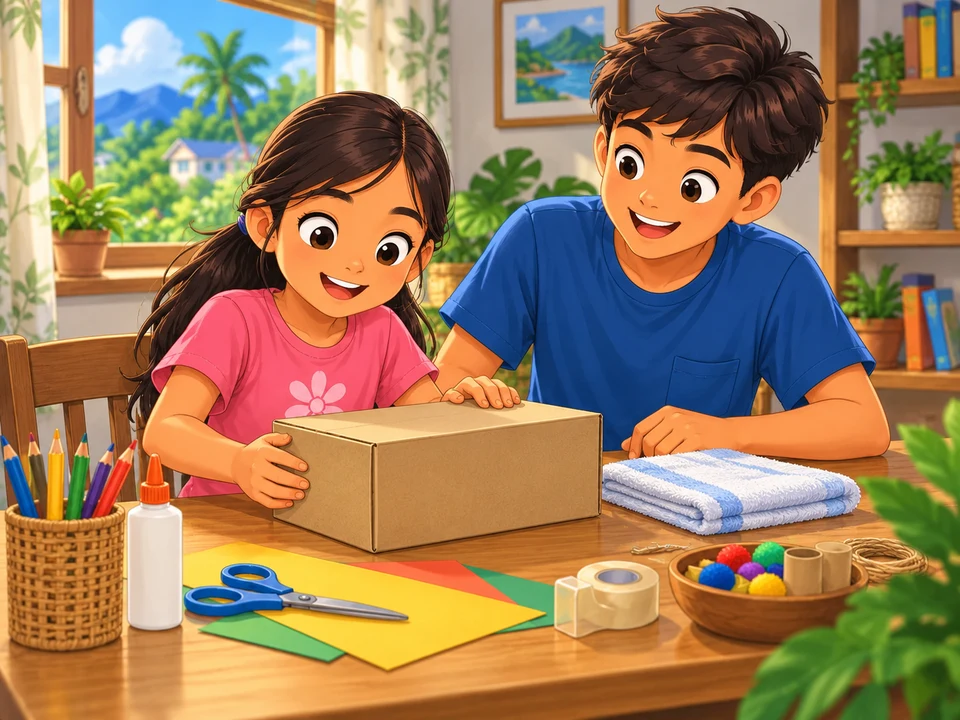 A Filipino girl and brother at a craft table with a closed lightweight box and folded towel, no sliding or board solution.