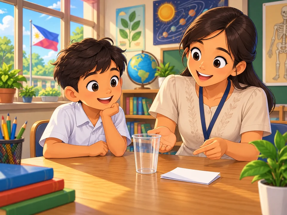 A Filipino boy and teacher at a classroom science table with an upright clear cup and folded paper, no basin, inversion or dry-paper result.