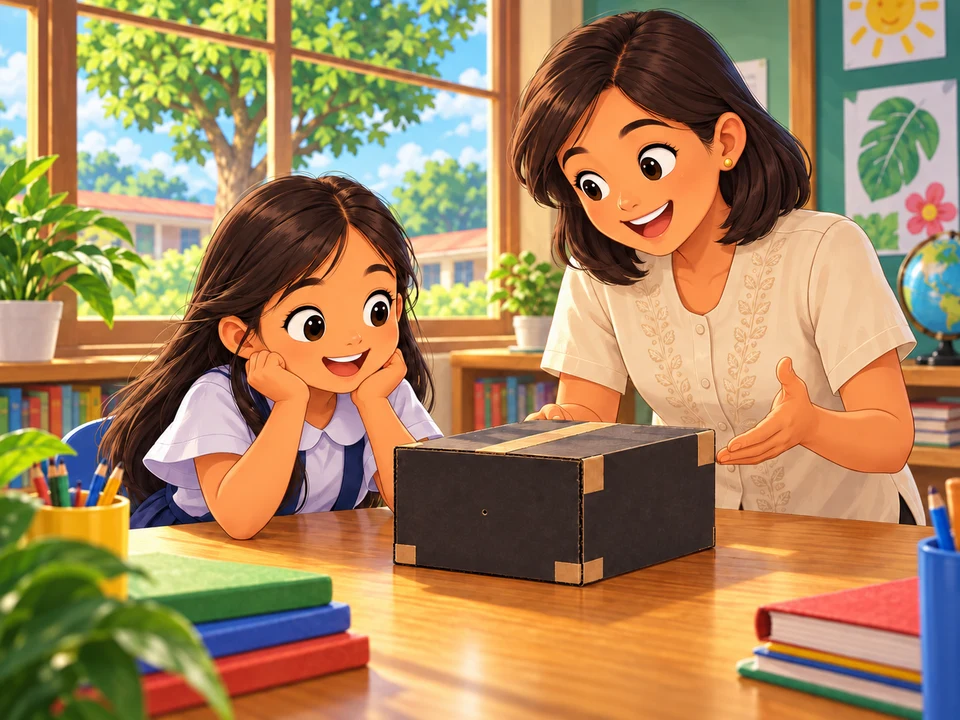 A Filipino girl and teacher beside a closed plain camera box in a classroom with a garden tree beyond the window; no inverted image.