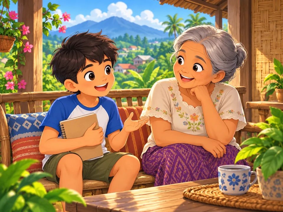 A Filipino boy and grandmother sitting together on a veranda, the boy holds a closed notebook; no recording device or performance.