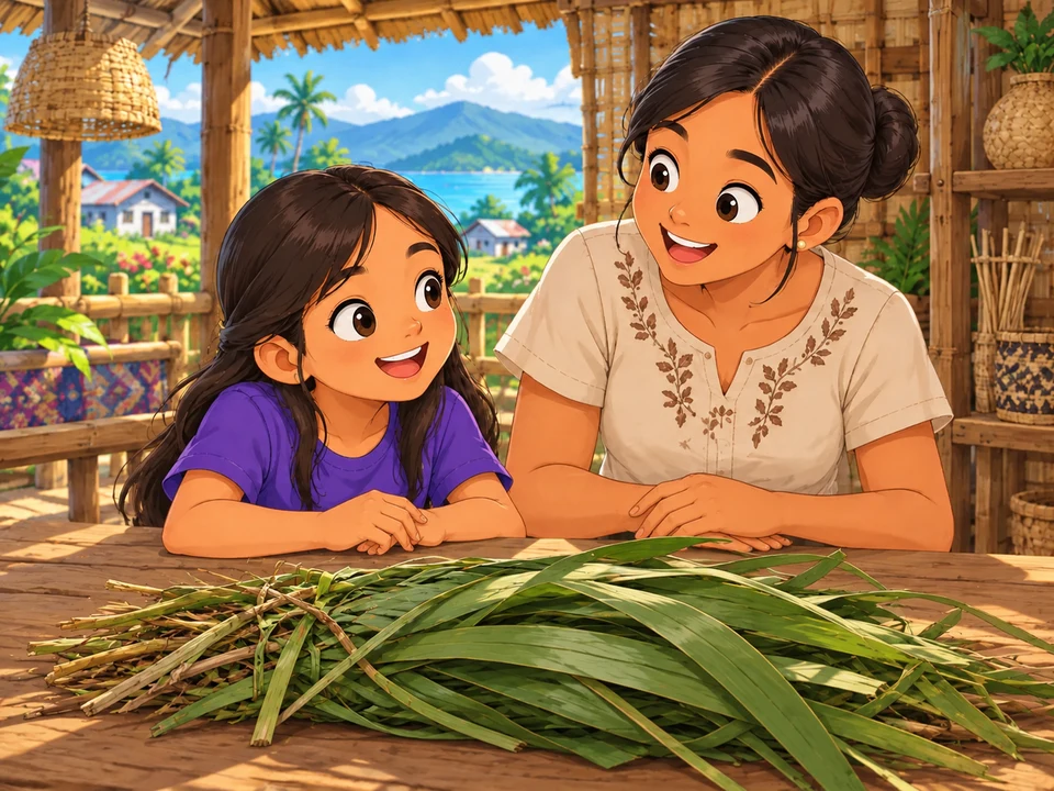A Filipino girl and aunt arriving at a weaving workshop with one unsorted bundle of raw plant leaves and stems on the table; no prepared strips, trays, sorting or unfinished basket.
