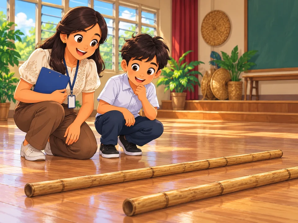 A Filipino boy and teacher in a school rehearsal room with two bamboo poles resting separately on the floor; no stepping between poles or timing demonstration.