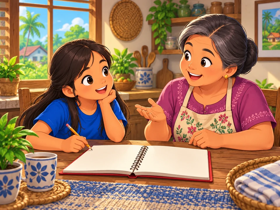 A Filipino girl and grandmother with an open recipe notebook on a kitchen table and pencil, no legible writing or ingredients.