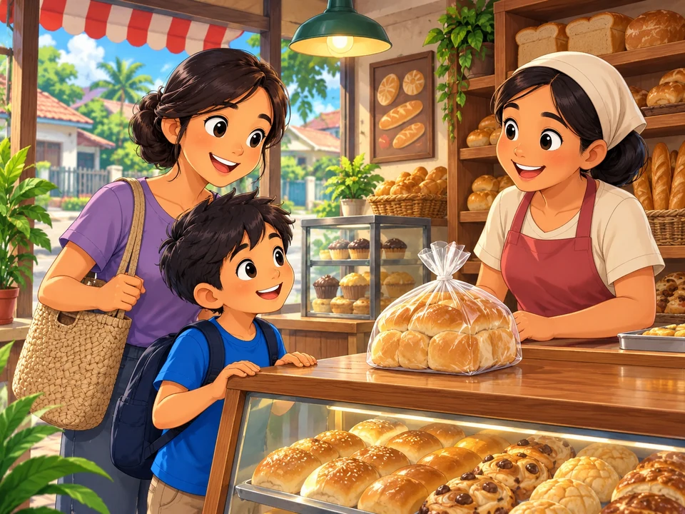 A Filipino boy and mother at a neighborhood bakery counter, a bag rests on the counter; no visible coins, prices or change.