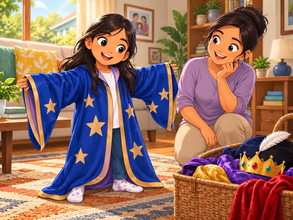 A Filipino girl trying on a loose costume with her aunt nearby, sleeves hanging naturally; no scissors, ties or completed adjustment.