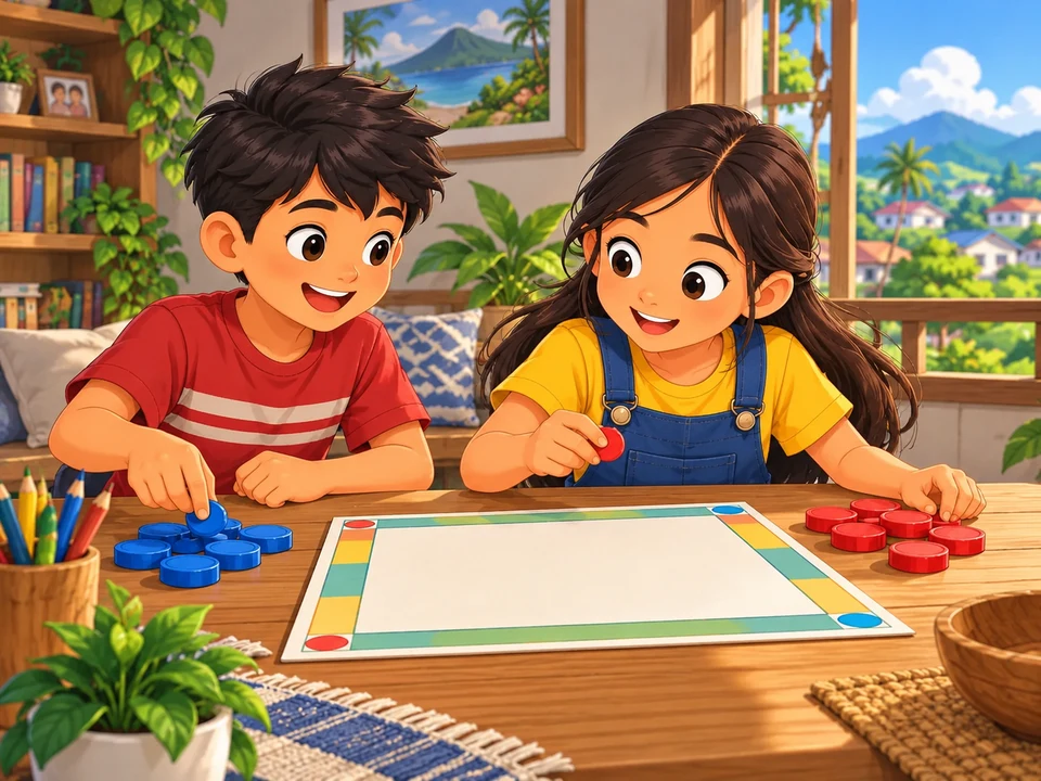 Two Filipino children at a game table with a blank-looking paper play board and large tokens gathered beside it; no readable rules or tokens covering text.
